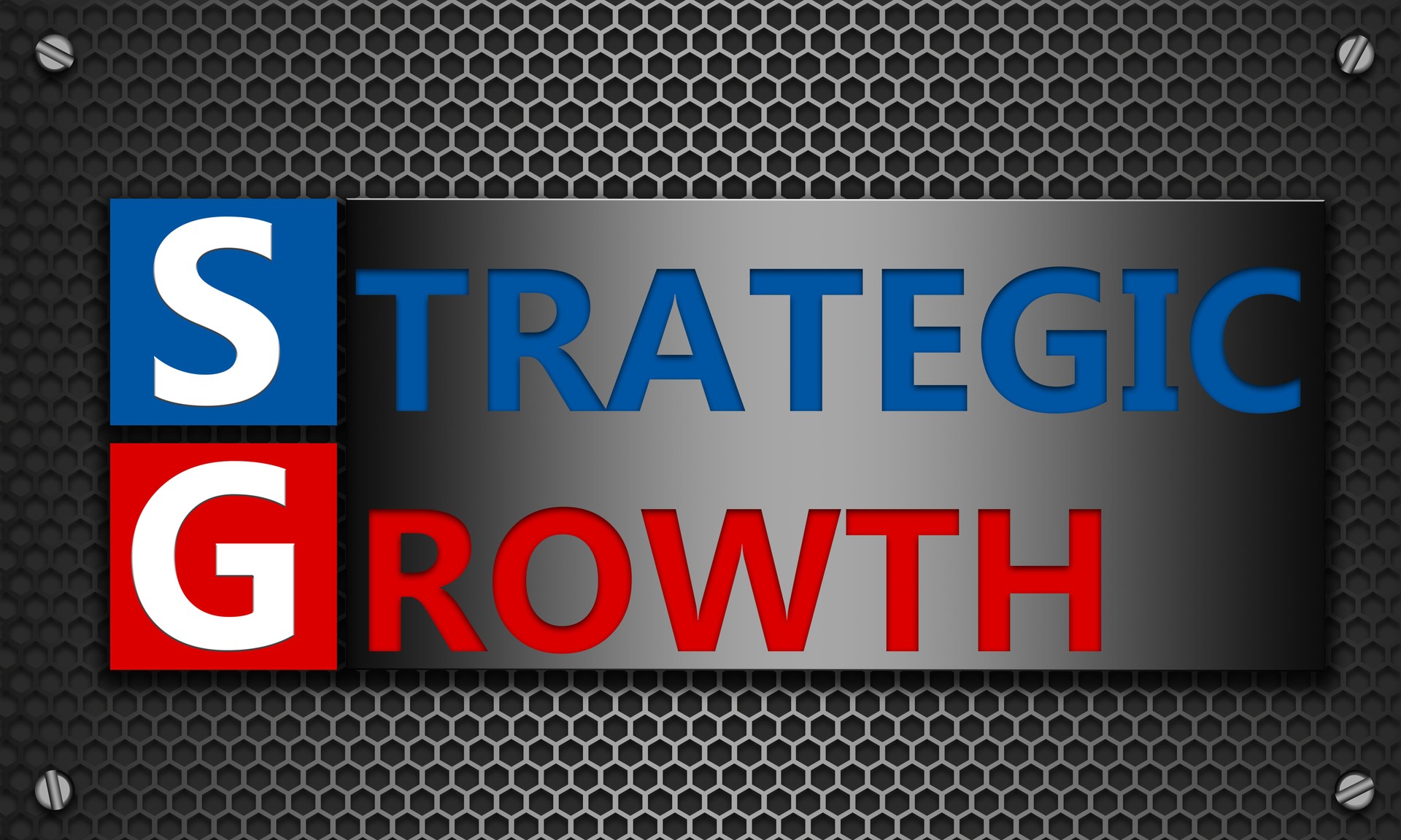 3D rendering of a text 'strategic growth' on mesh hexagon background